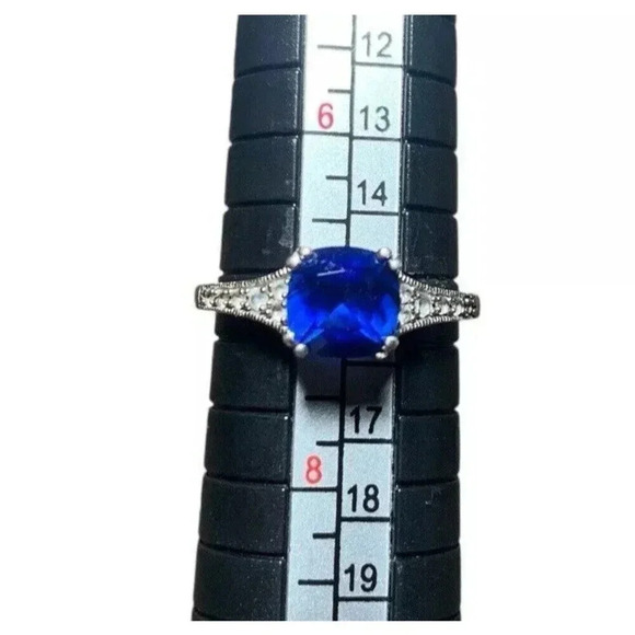 Sterling Silver Sapphire Ring Size 7 Lab Created Square Stone Cubic Zircona - Picture 8 of 8